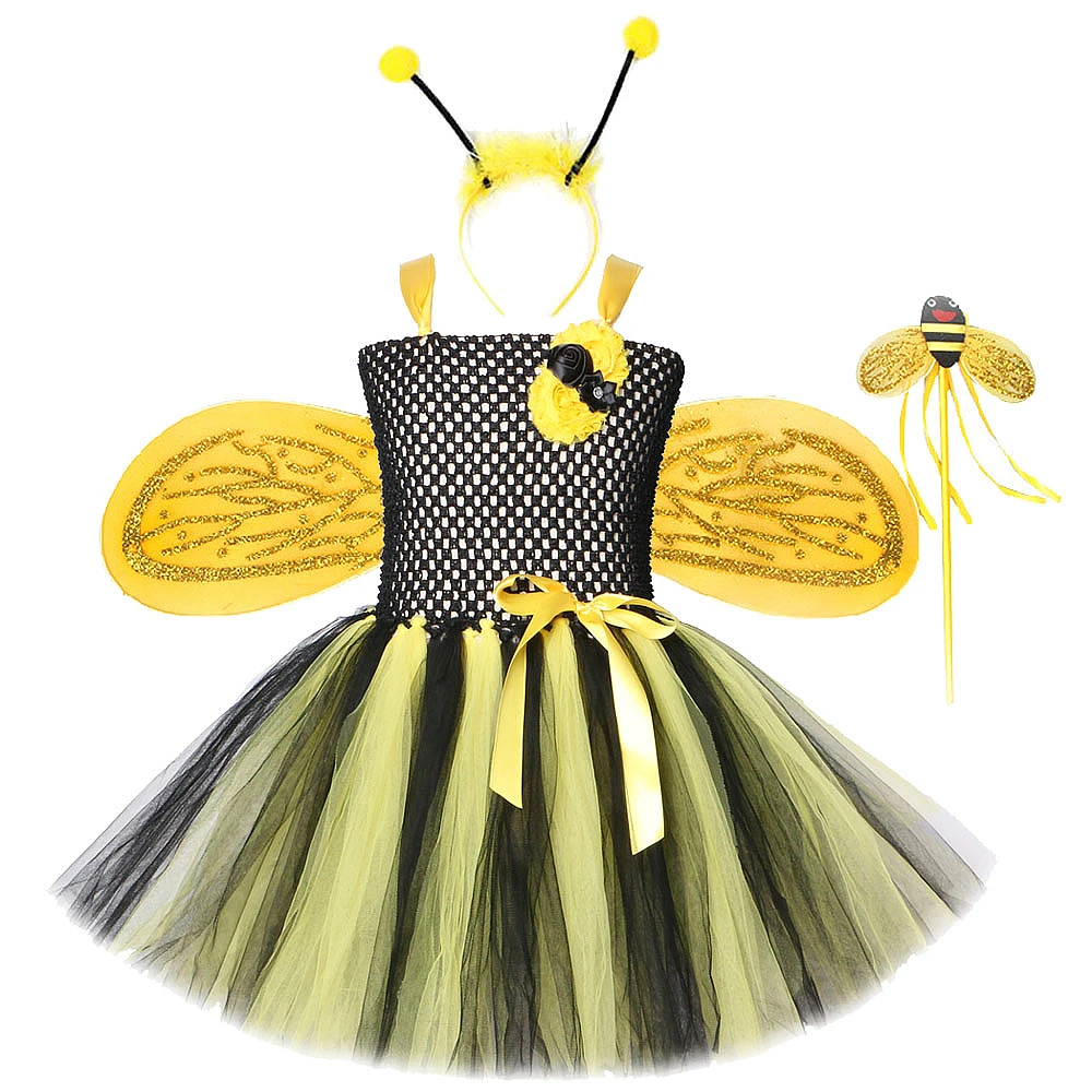 

Honeybee Fairy Dress Girls Toddler Costumes Bee Kids Children Halloween Fancy Tutu Dresses with Wings Set Outfits 1-12 Years
