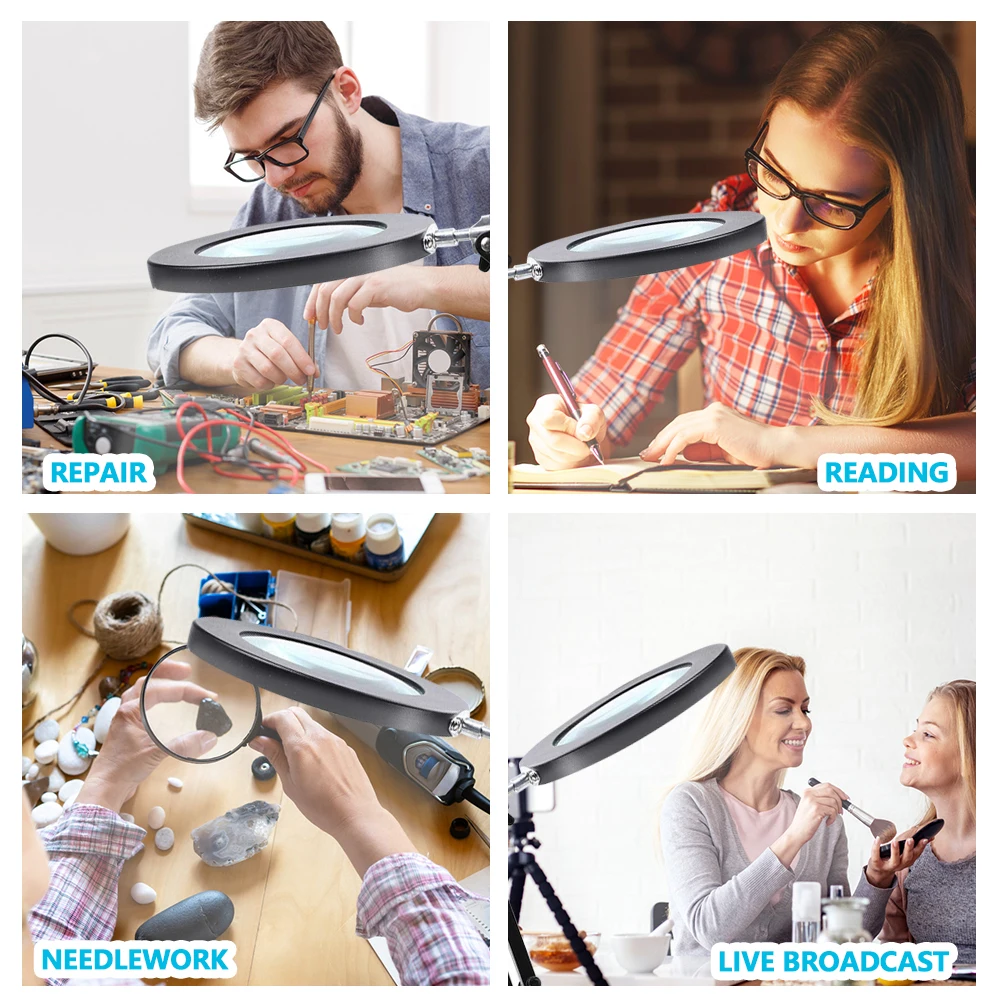 LED Magnifier Lamp Rotatable 10X Magnifying Glass Light with Metal Clamp 3 Flexible Gooseneck Arms for Repair Crafts Read Sewing
LED Magnifier Lamp Rotatable 10X Magnifying Glass Light with Metal Clamp 3 Flexible Gooseneck Arms for Repair Crafts Read Sewing