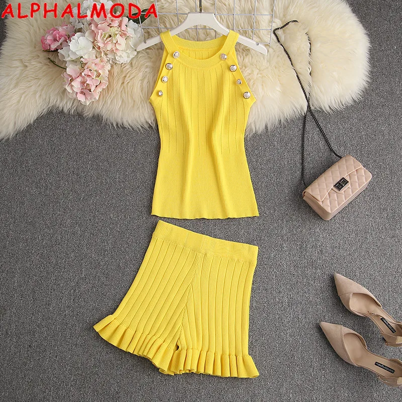 

ALPHALMODA 2021 Summer New Button Details Sleeveless Jumper Frill Shorts Women 2pcs Chic Knitting Suit Bright Yellow Color