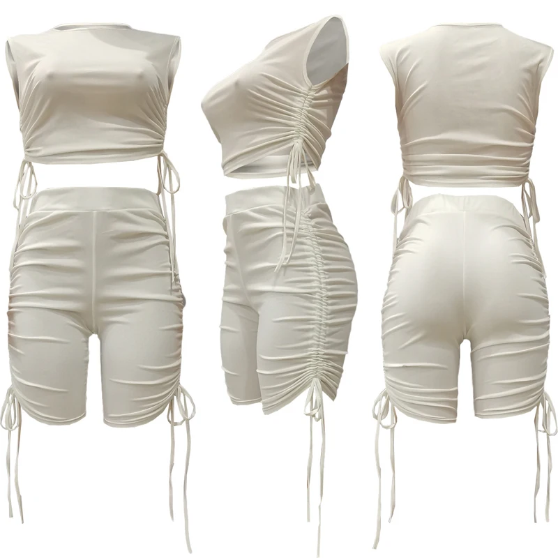 Fashion Drawstring Side Pleated Two Piece Sets Women Sleeveless Solid T Shirt & Elastic Waist Sport Shorts Suit Female Tracksuit 
Fashion Drawstring Side Pleated Two Piece Sets Women Sleeveless Solid T Shirt & Elastic Waist Sport Shorts Suit Female Tracksuit