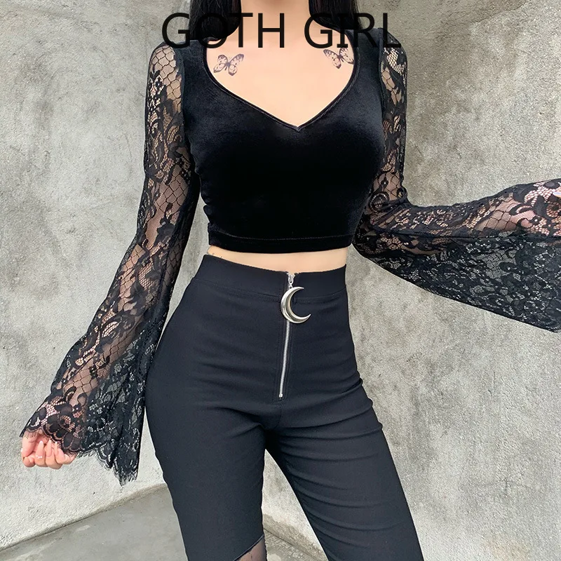 Goth Girl Women's Ins Goddess Small Net Red Temperament Slim Short Shirt Show Chest Lace Flared Sleeve Tops Women 2020 Harajuku
Goth Girl Women's Ins Goddess Small Net Red Temperament Slim Short Shirt Show Chest Lace Flared Sleeve Tops Women 2020 Harajuku