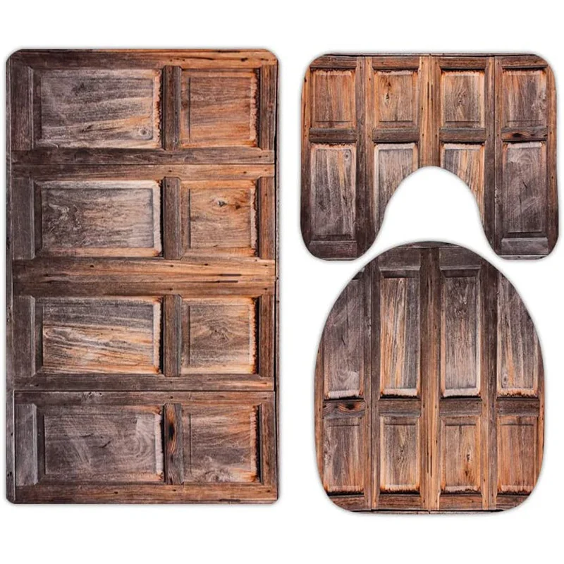 Rustic old vintage Grange wood barn door 3-piece bathroom carpet, U-shaped cushion, non-slip goose down toilet seat, washable 
Rustic old vintage Grange wood barn door 3-piece bathroom carpet, U-shaped cushion, non-slip goose down toilet seat, washable