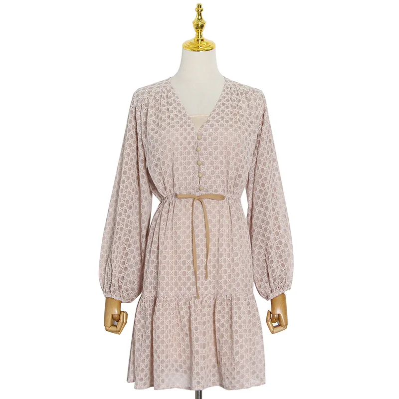 Summer New Style Loose Elegant V-Neck Embroidered check lotus leaf waist dress for women 
Summer New Style Loose Elegant V-Neck Embroidered check lotus leaf waist dress for women