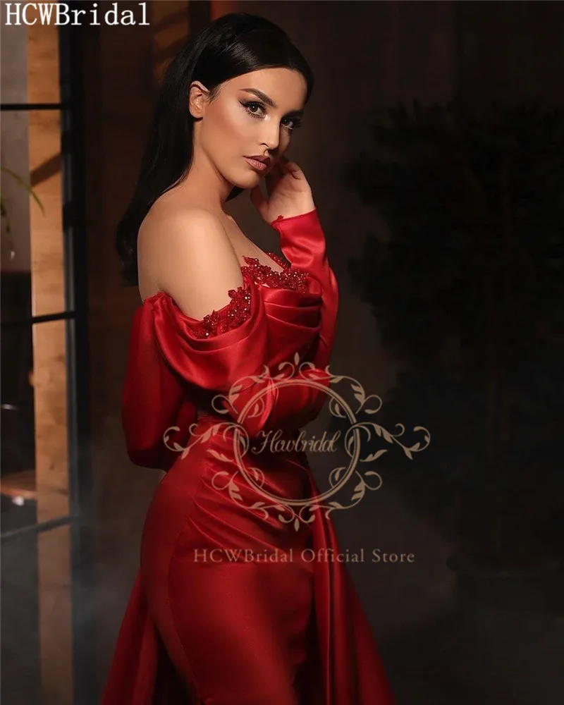 Red Sexy Long Sleeves Arabic Evening Dress Side Slit Off The Shoulder Plus Size Satin Formal Dresses Customize Women Party Gowns 
Red Sexy Long Sleeves Arabic Evening Dress Side Slit Off The Shoulder Plus Size Satin Formal Dresses Customize Women Party Gowns