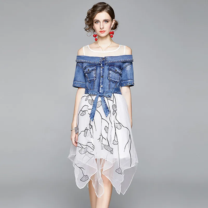 High Quality Women’s Summer Elegant Denim Patchwork Asymmetrical Mesh Festa Party Dresses Femme Vintage Designer Runway Dress
High Quality Women’s Summer Elegant Denim Patchwork Asymmetrical Mesh Festa Party Dresses Femme Vintage Designer Runway Dress