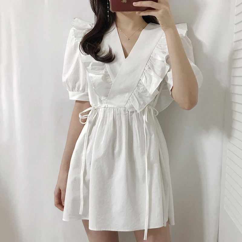 V-Neck Solid Ruffled White Dress Woman's Korean Fashion High Waist A-Line Dress Woman Sweet Pleated Puff Sleeve Dresses Women
V-Neck Solid Ruffled White Dress Woman's Korean Fashion High Waist A-Line Dress Woman Sweet Pleated Puff Sleeve Dresses Women