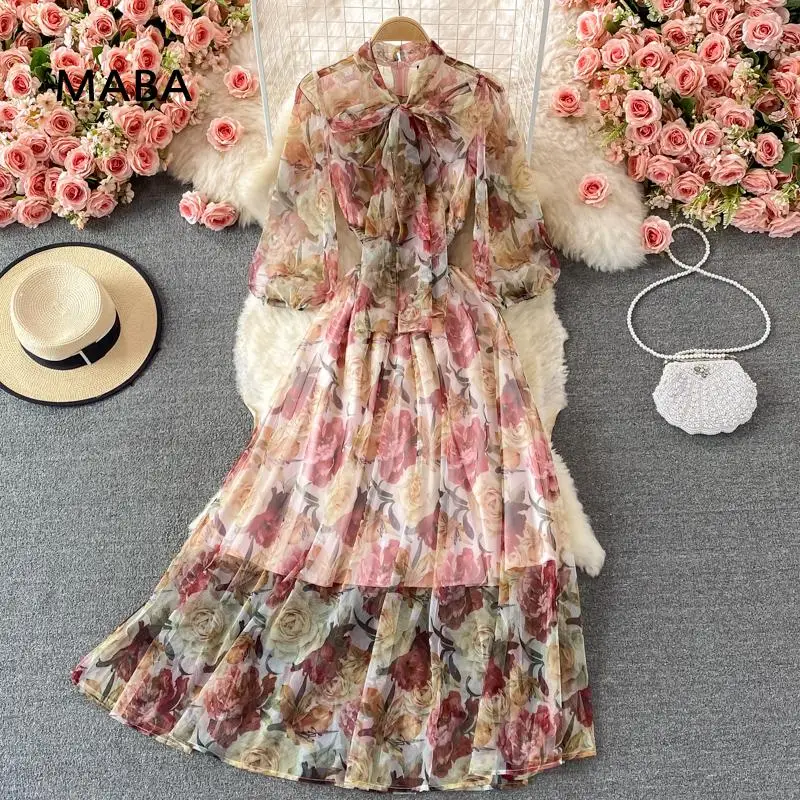 Luxury Chiffon dress autumn women half sleeve bow Collar slim fitting floral print dress designer dress red Ankle-Length dress 
Luxury Chiffon dress autumn women half sleeve bow Collar slim fitting floral print dress designer dress red Ankle-Length dress