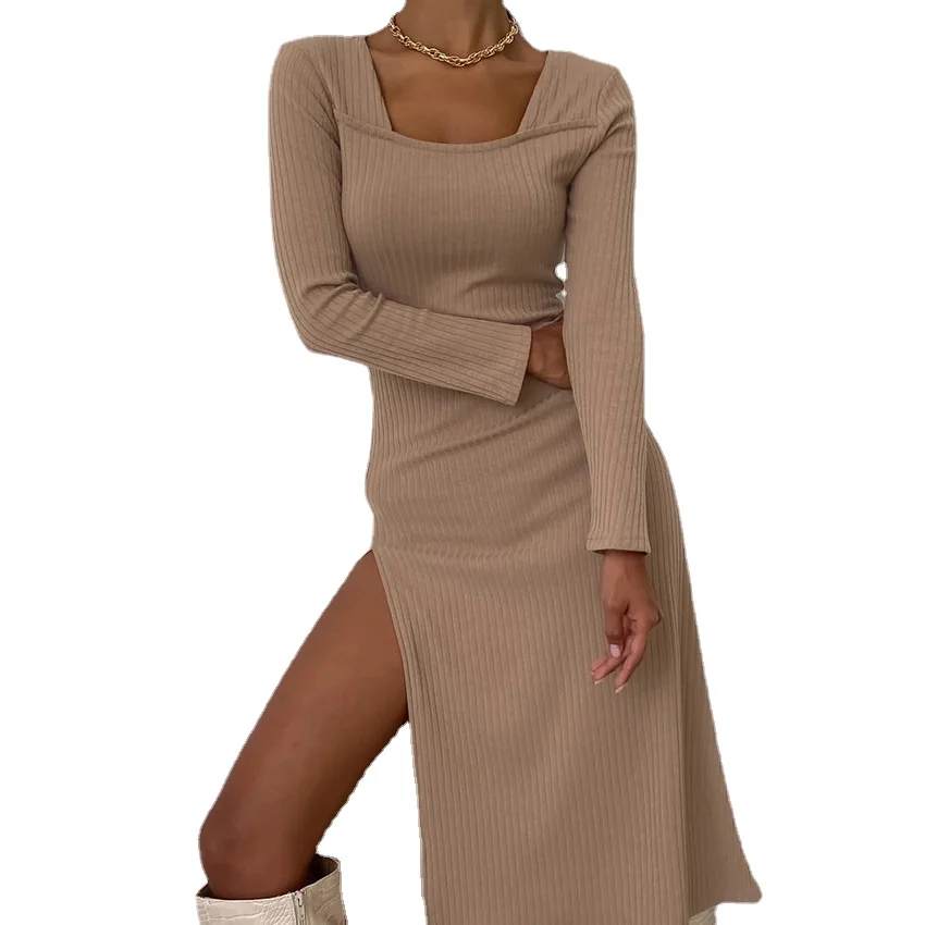 2021 Women Elegant Long Sleeve O-neck Slim Split Long Knitted Sweater Dresses Female Sexy Solid Black Khaki Bodycon Party Dress
2021 Women Elegant Long Sleeve O-neck Slim Split Long Knitted Sweater Dresses Female Sexy Solid Black Khaki Bodycon Party Dress