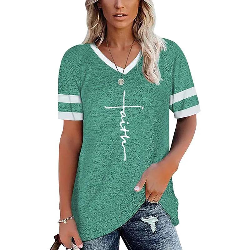 Patchwork Letter Faith Print T-shirt Women Summer Loose Casual Short Sleeve V-neck Tee Shirt Ladies Fashion Streetwear Tees
Patchwork Letter Faith Print T-shirt Women Summer Loose Casual Short Sleeve V-neck Tee Shirt Ladies Fashion Streetwear Tees