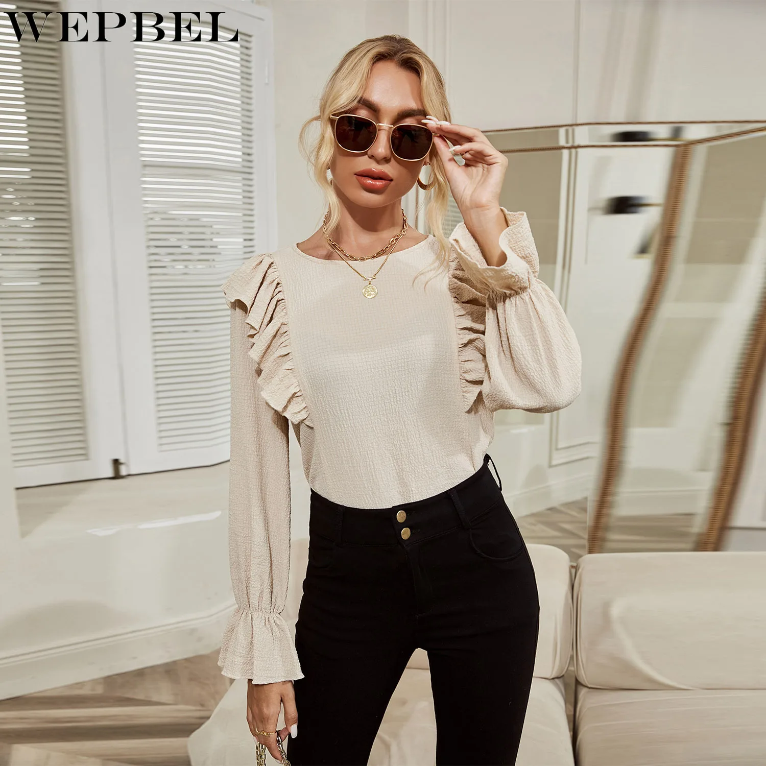 WEPBEL Fashion Slim T-shirt Autumn Ruffled Pleated Stitching T-shirt Women's Casual Flare Sleeve O-Neck Solid Color T-shirt
WEPBEL Fashion Slim T-shirt Autumn Ruffled Pleated Stitching T-shirt Women's Casual Flare Sleeve O-Neck Solid Color T-shirt