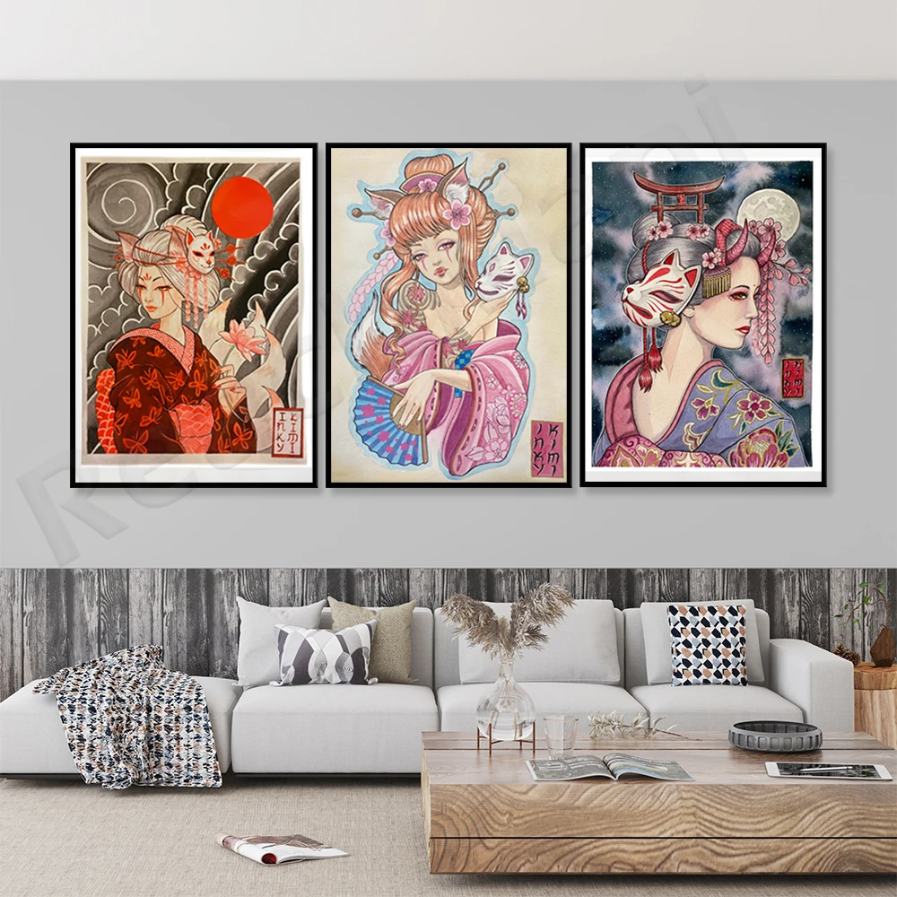 Japanese fox art print, Kitsune girl. Watercolor Geisha Print Painting Canvas Print, Japanese Fox Demon Girl Tattoo Art Poster
Japanese fox art print, Kitsune girl. Watercolor Geisha Print Painting Canvas Print, Japanese Fox Demon Girl Tattoo Art Poster
