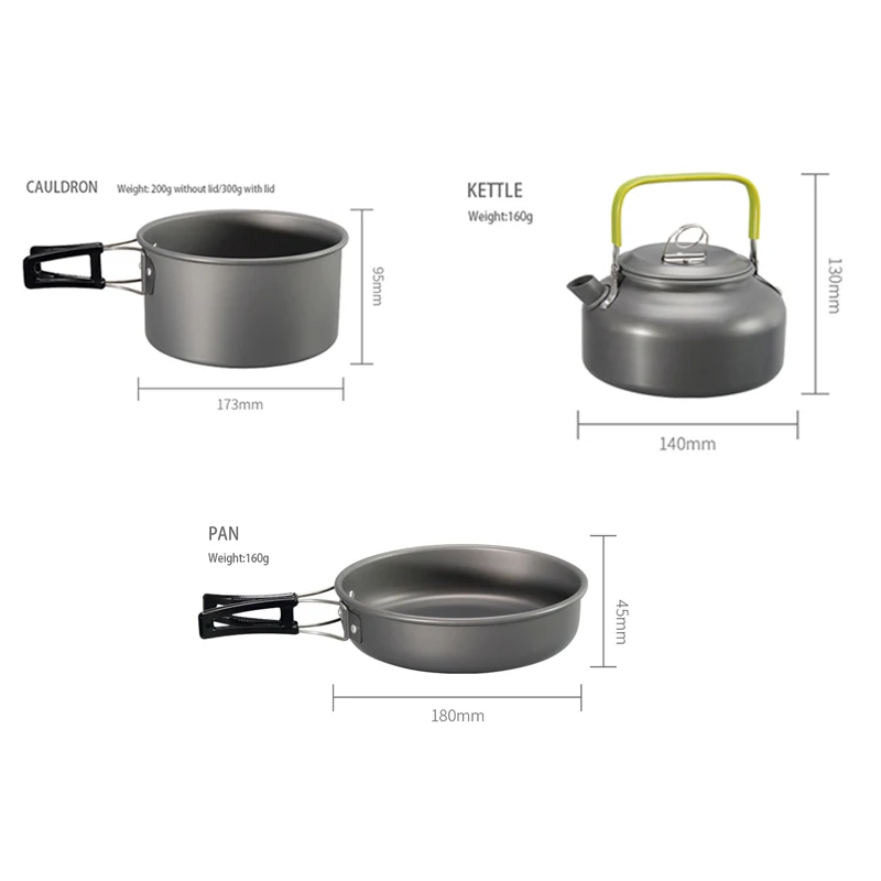 Portable Camping Tableware Ultra-light Aluminum Alloy Kitchen utensils Outdoor Camping Cookware Set Picnic 2 Pot Frypan 1 Kettle 
Portable Camping Tableware Ultra-light Aluminum Alloy Kitchen utensils Outdoor Camping Cookware Set Picnic 2 Pot Frypan 1 Kettle