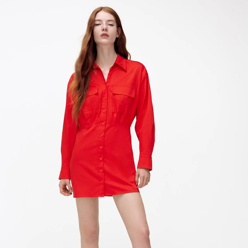 Unizera 2021 Za women's autumn new fashion temperament Lapel poplin long sleeve pocket shirt waist closing red women's dress
Unizera 2021 Za women's autumn new fashion temperament Lapel poplin long sleeve pocket shirt waist closing red women's dress