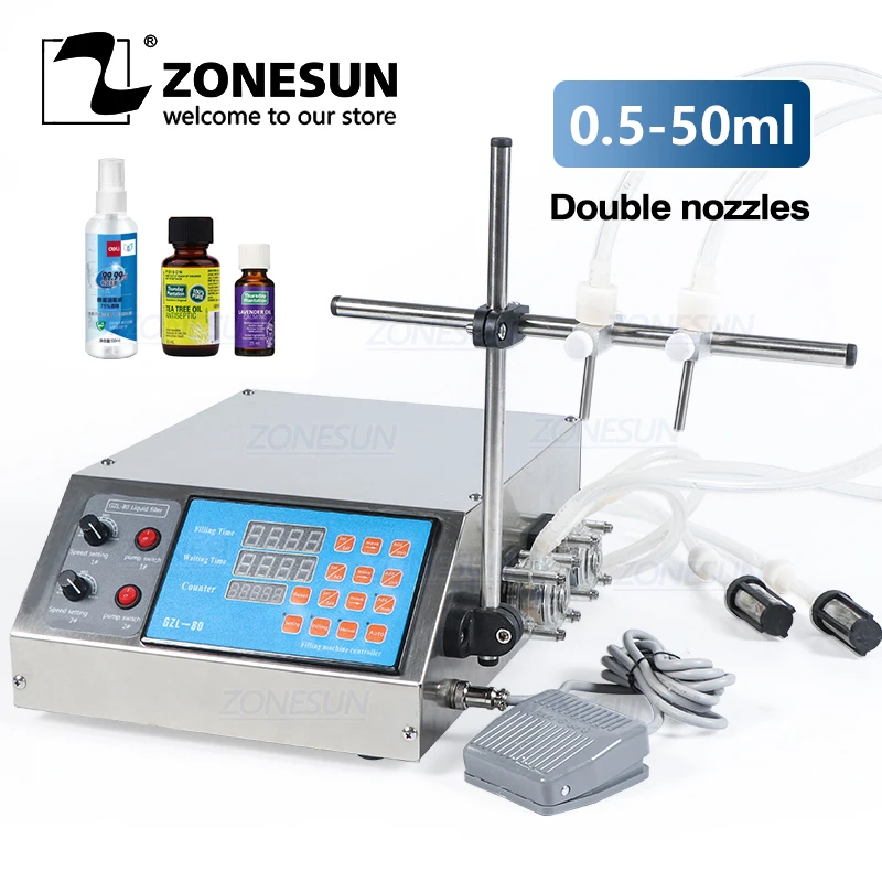 ZONESUN 2 Head Semi Automatic Peristaltic Pump Liquid Filling Machine Perfume Juice Essential Oil Bottle Water Making Machines 
ZONESUN 2 Head Semi Automatic Peristaltic Pump Liquid Filling Machine Perfume Juice Essential Oil Bottle Water Making Machines