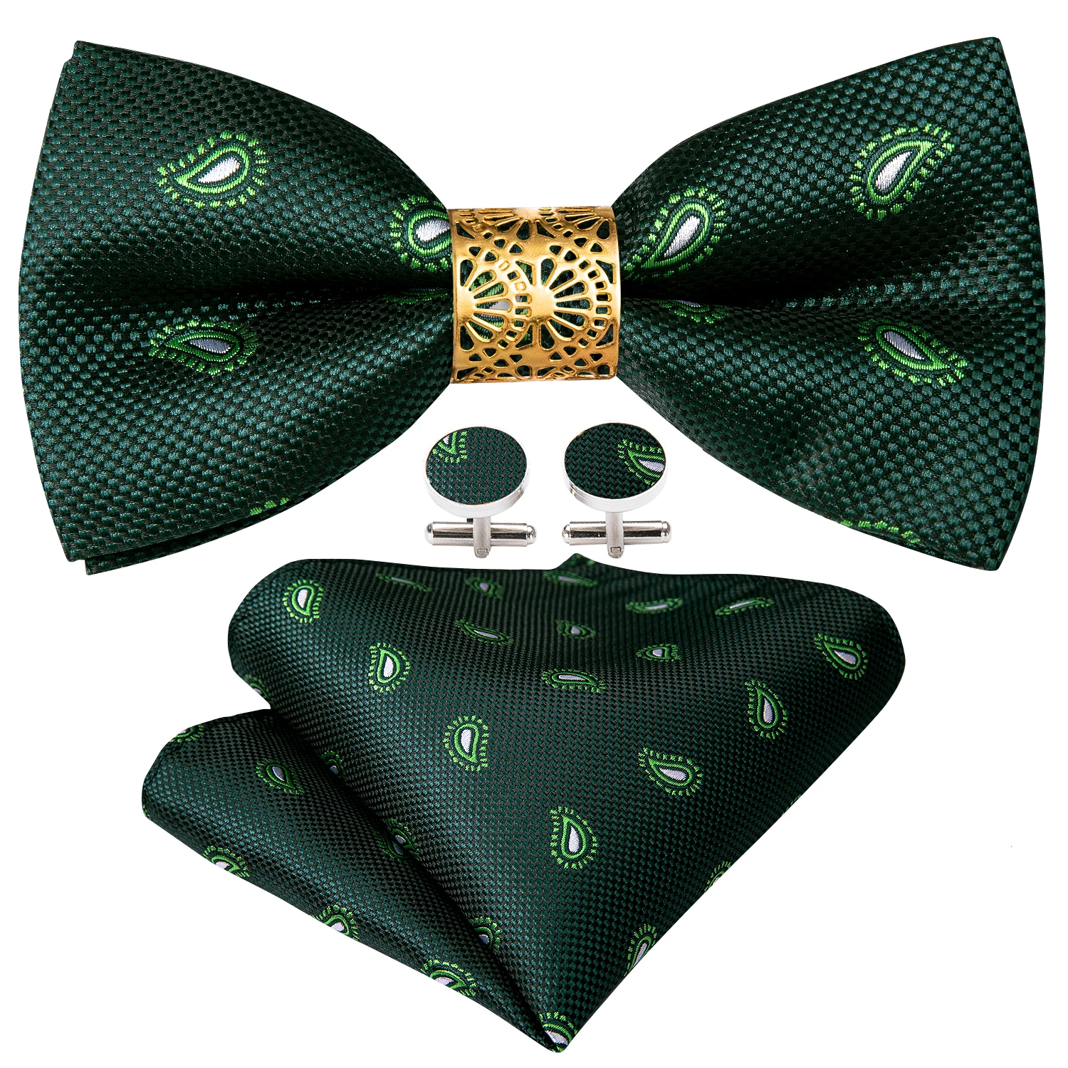 Green Baby Paisley Silk Pre-Bow Tie For Men Wedding Adjustable Butterfly Handky Removable Gold Ring Set Barry.Wang W-838
Green Baby Paisley Silk Pre-Bow Tie For Men Wedding Adjustable Butterfly Handky Removable Gold Ring Set Barry.Wang W-838