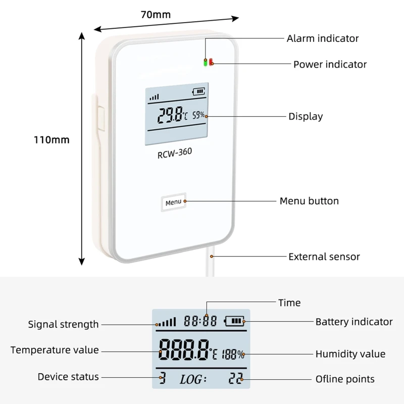 RCW-360 WiFi Temperature and Humidity Data Logger Wireless Remote Monitor Recorder SIM Card Cloud Data Storage
RCW-360 WiFi Temperature and Humidity Data Logger Wireless Remote Monitor Recorder SIM Card Cloud Data Storage