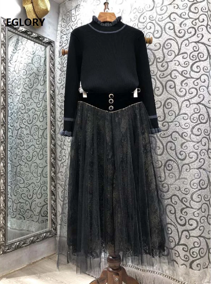 High Quality Sweater Sets 2021 Spring Fashion Skirt Suit Women Knitted Black Pullovers+Buttons Deco Sexy Tulle Mesh Skirt Set
High Quality Sweater Sets 2021 Spring Fashion Skirt Suit Women Knitted Black Pullovers+Buttons Deco Sexy Tulle Mesh Skirt Set