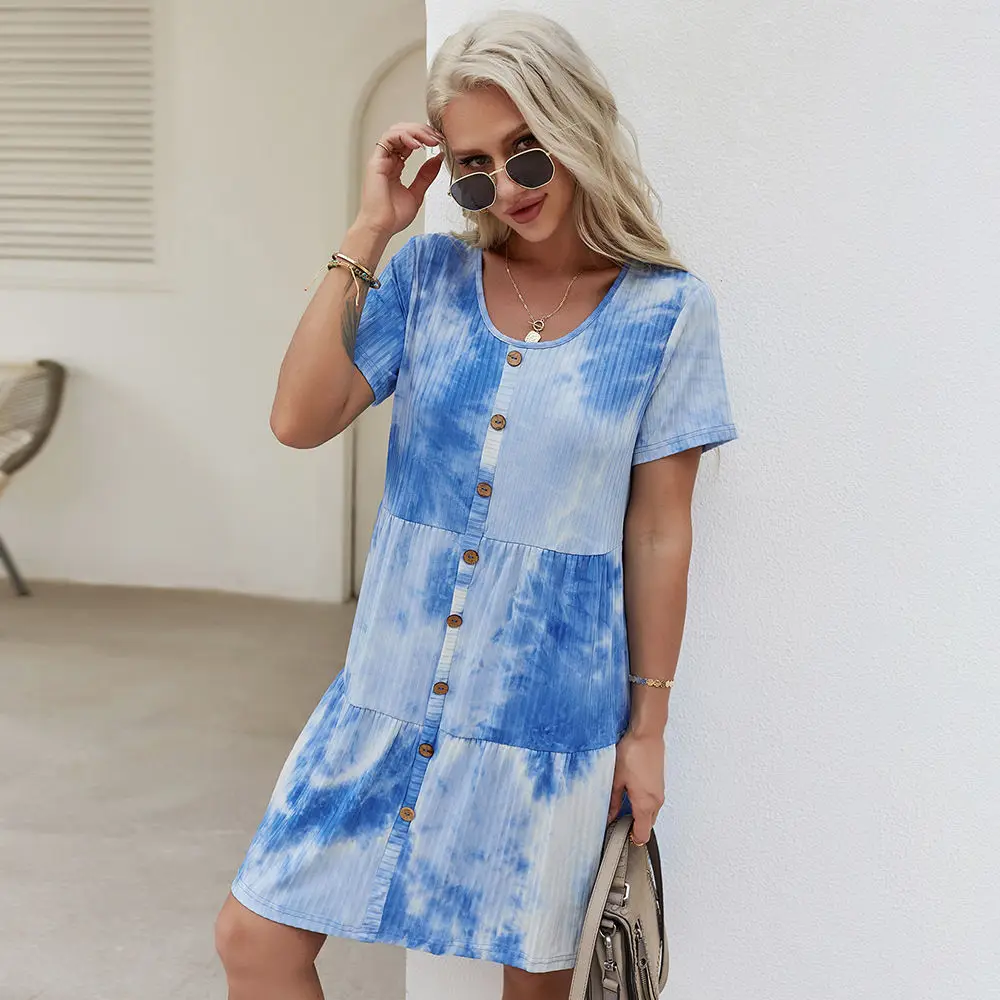 Summer Tie-dye Print Short Dress Women 2021 New O Neck High Waist Button Knee Length Floral Dresses For Women Casual
Summer Tie-dye Print Short Dress Women 2021 New O Neck High Waist Button Knee Length Floral Dresses For Women Casual