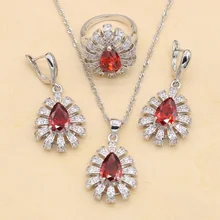 Women Wedding Jewelry Sets 925 Silver Bridal Accessories Red Garnet CZ Earrings Pendant Necklace And Ring Gift Sets