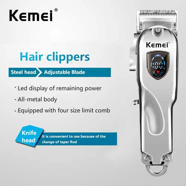 

Машинка для стрижки волос KEMEI KM-2010, профессиональный триммер для волос и бороды, полностью металлический светодиодный дисплей, зарядка от USB