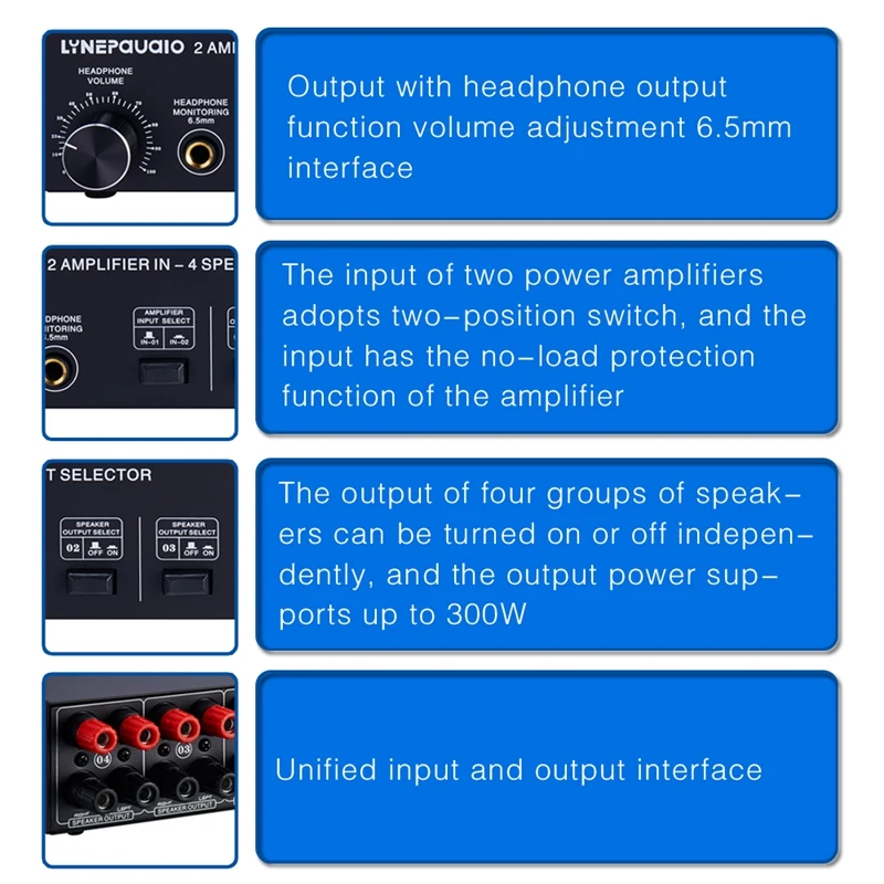 LYNEPAUAIO Audio Switcher 2 Input 4 Output Power Amplifier and Sound Switcher Switch Distributor Without Loss
LYNEPAUAIO Audio Switcher 2 Input 4 Output Power Amplifier and Sound Switcher Switch Distributor Without Loss
