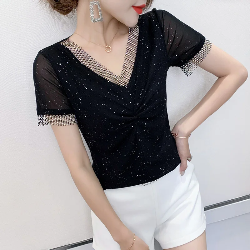 #7164 Summer Mesh T Shirt Women V-neck Diamonds Sexy T-shirt Female Thin Casual Short Sleeve T-shirts Diamonds Black Red Blue
#7164 Summer Mesh T Shirt Women V-neck Diamonds Sexy T-shirt Female Thin Casual Short Sleeve T-shirts Diamonds Black Red Blue