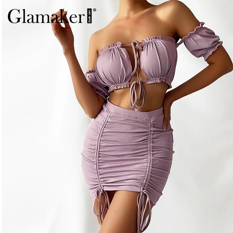 Женский костюм из двух предметов Glamaker, летний пикантный клубный костюм с открытыми плечами, оборками и плиссированной юбкой 
Женский костюм из двух предметов Glamaker, летний пикантный клубный костюм с открытыми плечами, оборками и плиссированной юбкой