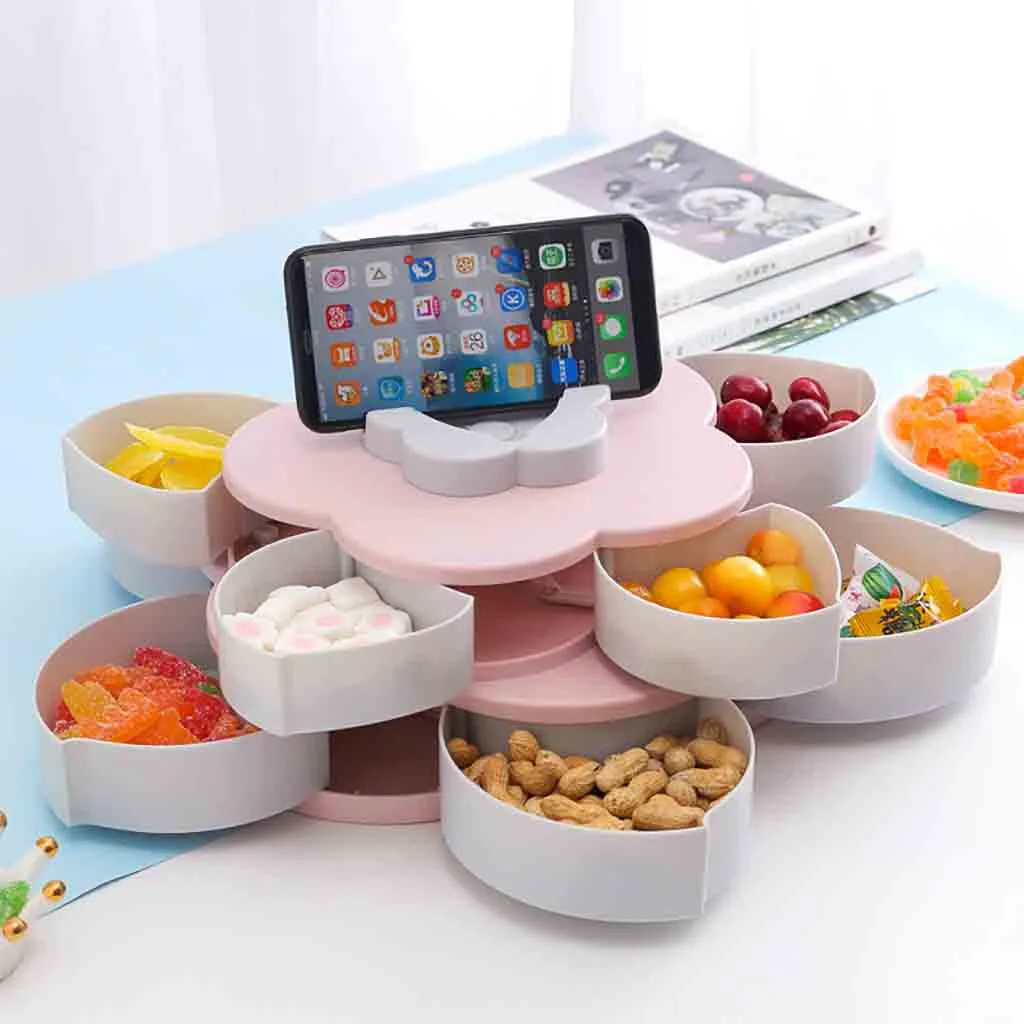 Living Room Rotating Snack Box Flower Design Candy Food Storage Nuts Seeds Dry Fruits Plate Organizer With mobile phone holder
Living Room Rotating Snack Box Flower Design Candy Food Storage Nuts Seeds Dry Fruits Plate Organizer With mobile phone holder