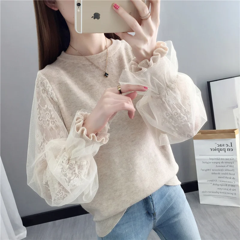 

2021 Autumn Mesh Long Sleeve Knitted Sweater Female O-neck Loose Korean Stitching Lantern Sleeve Elegant Lace Tosp Jumper Spring