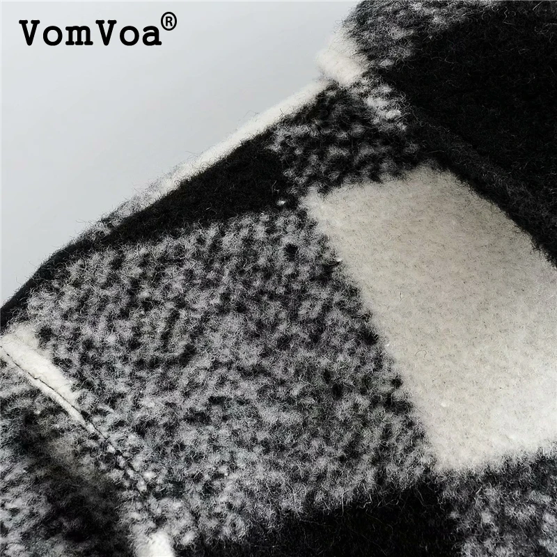 VomVoa Ретро клетчатое шерстяное пальто модное женское черно-белое плотное куртка