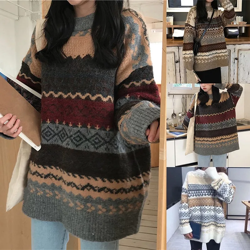Винтажный женский свитер-пуловер, зимние полосатые Джемперы, трикотажная одежда, повседневный Свободный пуловер, Женский пуловер
Винтажный женский свитер-пуловер, зимние полосатые Джемперы, трикотажная одежда, повседневный Свободный пуловер, Женский пуловер