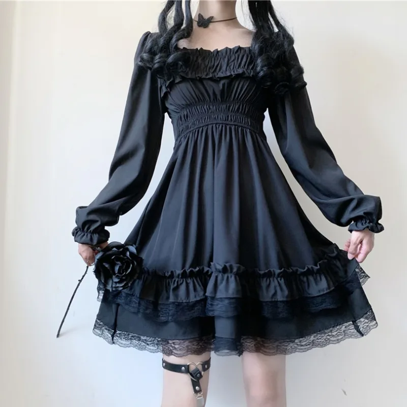 

Puff Sleeves Women Dress Black Dress Japanese Square Collar Design Niche Sense of Lace Fungus Lace Dress Autumn Winter