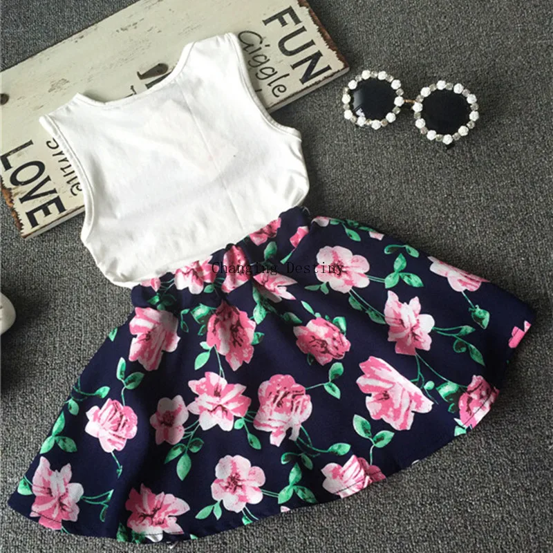 Одежда для девочек летние юбки Комплекты с цветочным принтом детская футболка