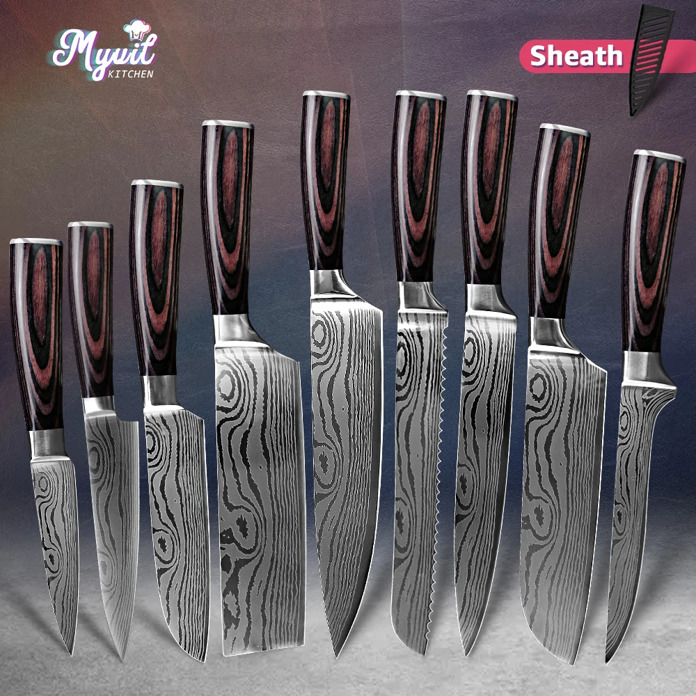 Kitchen Knives Set 1 10pcs Chef Knife 7CR17 High Carbon Stainless Steel Damascus Drawing Gyuto Cleaver Set Slicer Santoku Knife
Kitchen Knives Set 1 10pcs Chef Knife 7CR17 High Carbon Stainless Steel Damascus Drawing Gyuto Cleaver Set Slicer Santoku Knife