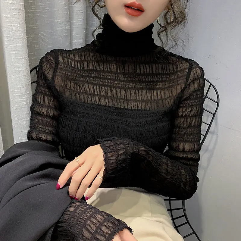 High neck women's mesh lace bottoming T-shirt, women's new long-sleeved T-shirt, solid color T-shirt, feminine lace T-shirt
High neck women's mesh lace bottoming T-shirt, women's new long-sleeved T-shirt, solid color T-shirt, feminine lace T-shirt