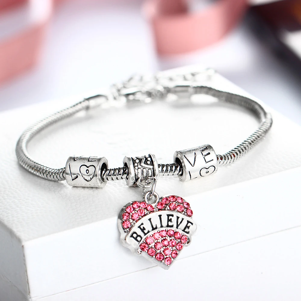 12PC Believe Pink Crystal Love Heart Charms Bracelets Women Girls Jewelry Gifts Family Friends Bracelets Beads Chain Bangles Hot
12PC Believe Pink Crystal Love Heart Charms Bracelets Women Girls Jewelry Gifts Family Friends Bracelets Beads Chain Bangles Hot