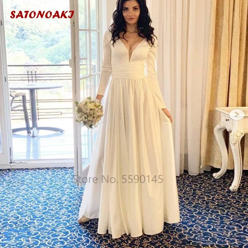 Modest Satin Long Sleeve Wedding Dress 2022 V-Neck Button Back Boho Garden Bridal Gown Floor Length Vestido De Novia Online Shop
Modest Satin Long Sleeve Wedding Dress 2022 V-Neck Button Back Boho Garden Bridal Gown Floor Length Vestido De Novia Online Shop
