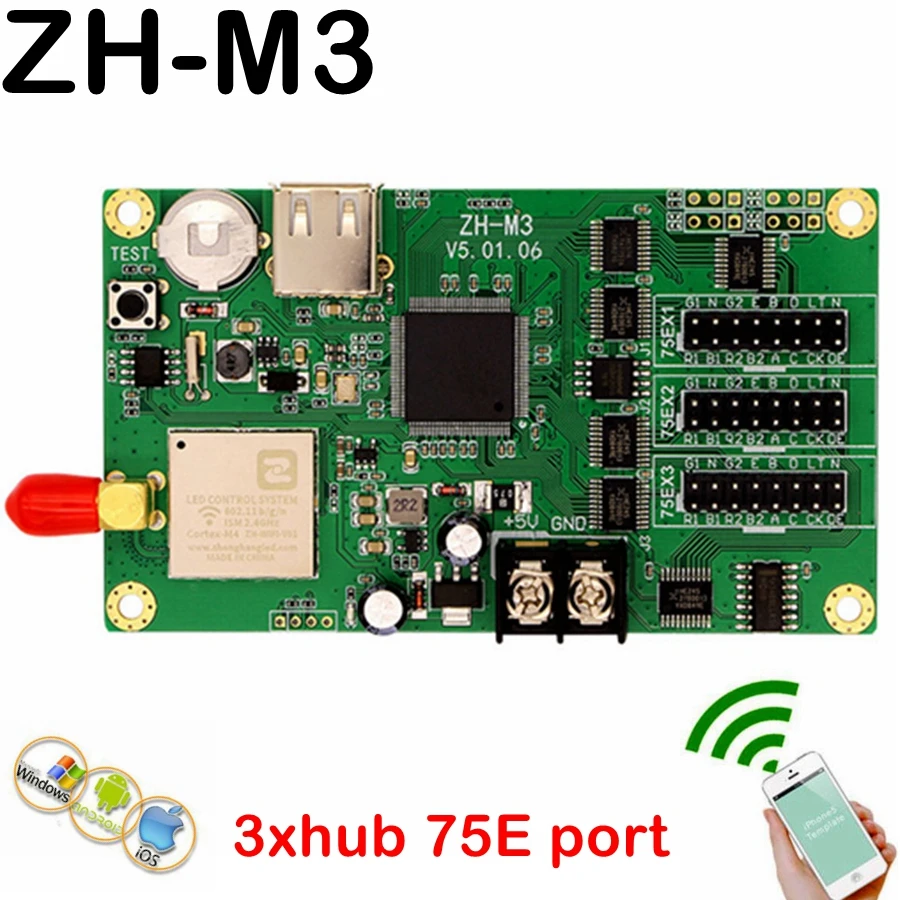ZH-M3 wifi full color LED controller USB asynchronous led control card with 3*hub75 port 1024*64 pixels for P3,p4,p5,p10 module
ZH-M3 wifi full color LED controller USB asynchronous led control card with 3*hub75 port 1024*64 pixels for P3,p4,p5,p10 module
