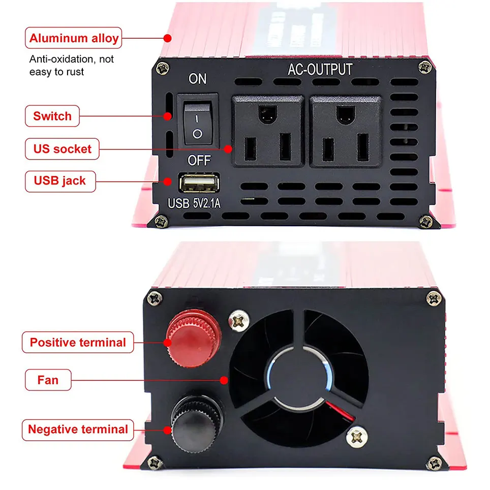 Pure sine wave inverter 1000W power inverter peak 2200W converter DC 12V to AC 110V 120V, with LCD color display
Pure sine wave inverter 1000W power inverter peak 2200W converter DC 12V to AC 110V 120V, with LCD color display
