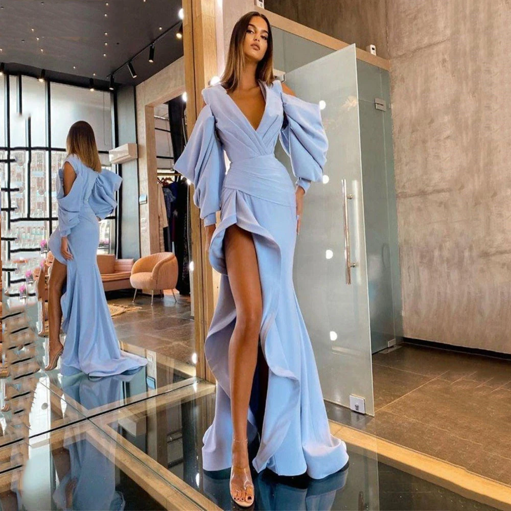 Light Blue Elegant Mermaid Prom Dresses Long Sleeves High Split Ruffles Pleated Women Evening Party Night Gowns Plus Size Custom
Light Blue Elegant Mermaid Prom Dresses Long Sleeves High Split Ruffles Pleated Women Evening Party Night Gowns Plus Size Custom