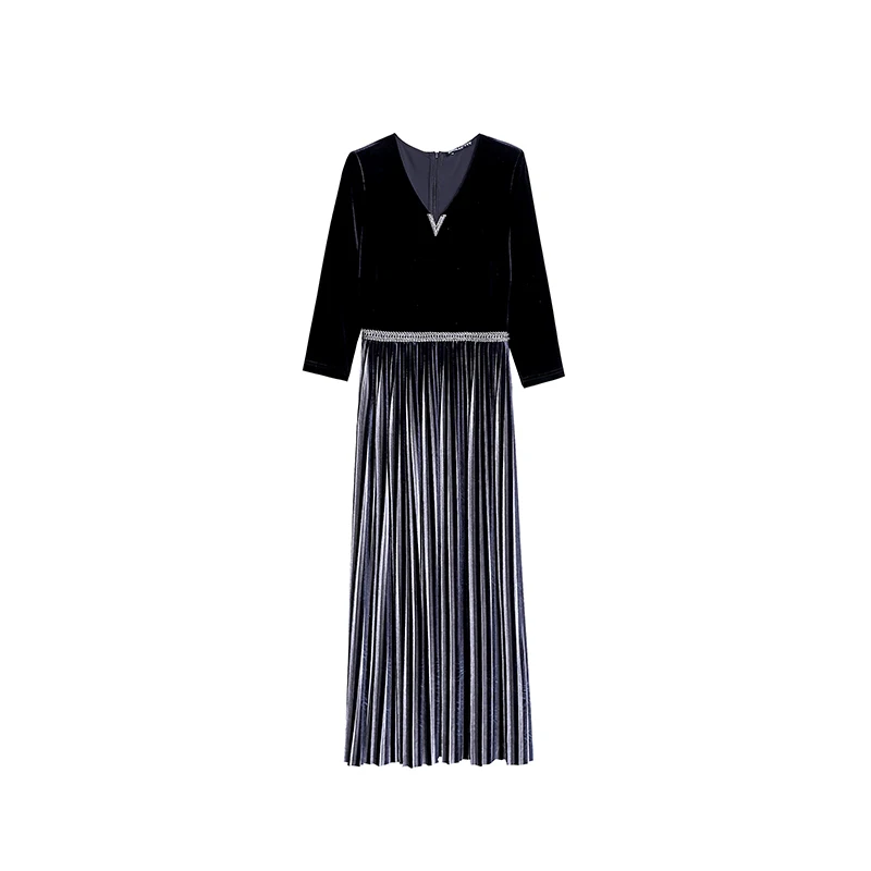 woman velvet v-neck dress autumn new false two female black pleated skirt