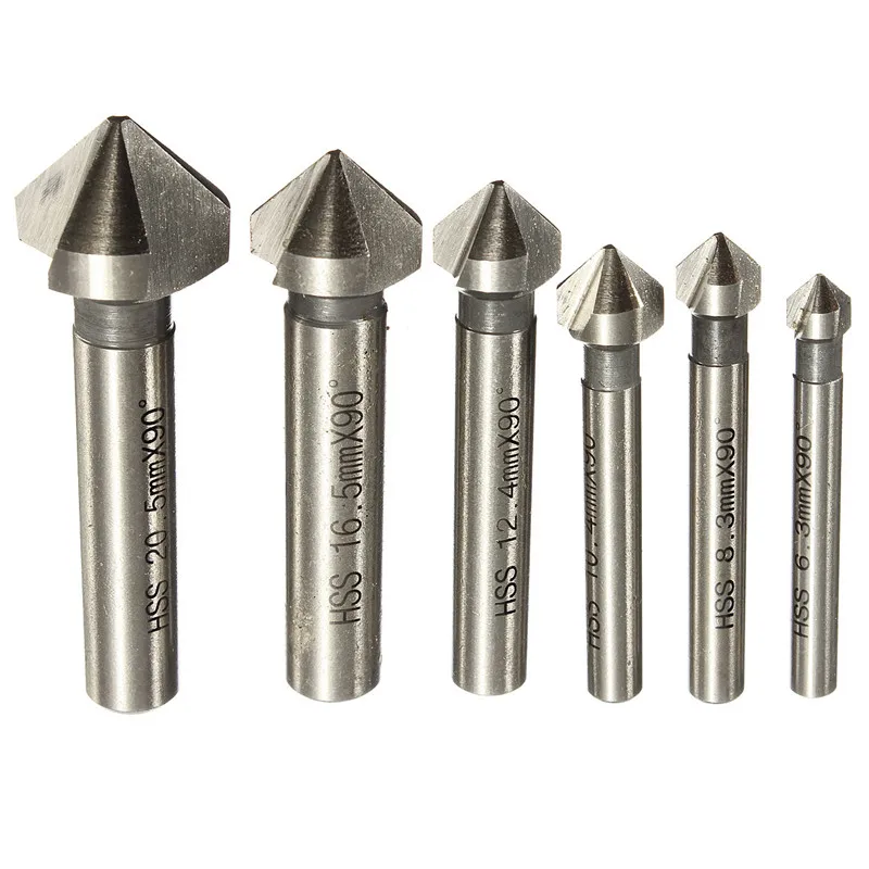 6pcs 6.3-20.5MM Round shank 3 Flute 90 Degree HSS Chamfer Chamfering Cutter End Mill Tool Countersink Drill Bit Set
6pcs 6.3-20.5MM Round shank 3 Flute 90 Degree HSS Chamfer Chamfering Cutter End Mill Tool Countersink Drill Bit Set