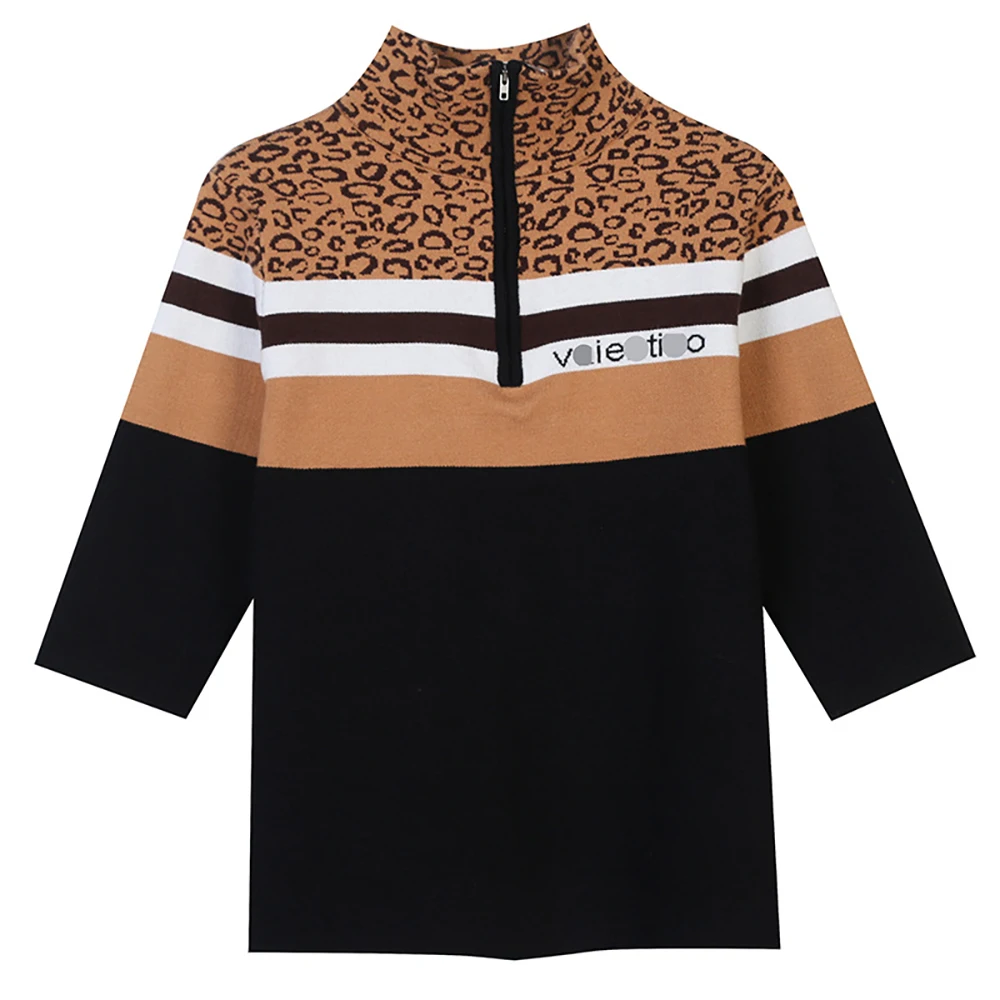 2021 Autumn And Winter New Women's Half High Neck Three Quarter Sleeve Contrast Leopard Jacquard Slim Knit Pullover
2021 Autumn And Winter New Women's Half High Neck Three Quarter Sleeve Contrast Leopard Jacquard Slim Knit Pullover