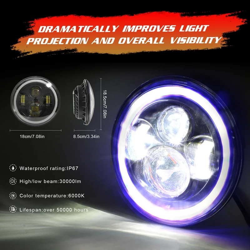 150W 7-Inch LED Motorcycle Headlight Blue and White Halo Angel Eyes for Wrangler Headlights with H4/H13 Wiring
150W 7-Inch LED Motorcycle Headlight Blue and White Halo Angel Eyes for Wrangler Headlights with H4/H13 Wiring