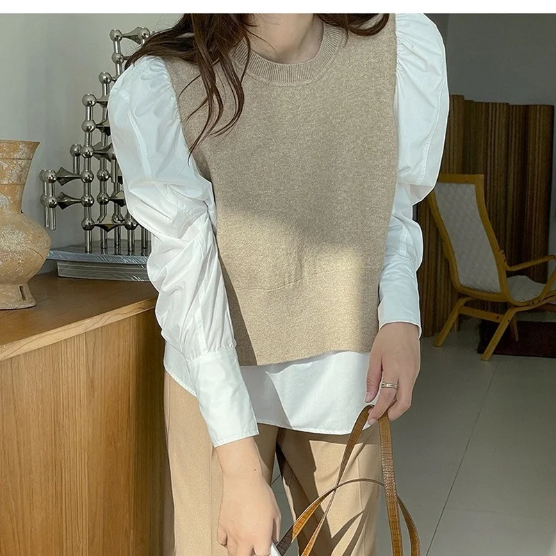 New Korean Knitted Patchwork Sweater Women Puff Sleeve O-neck Fake Two-piece Pullovers Woman Temperament Tops Female Autumn
New Korean Knitted Patchwork Sweater Women Puff Sleeve O-neck Fake Two-piece Pullovers Woman Temperament Tops Female Autumn