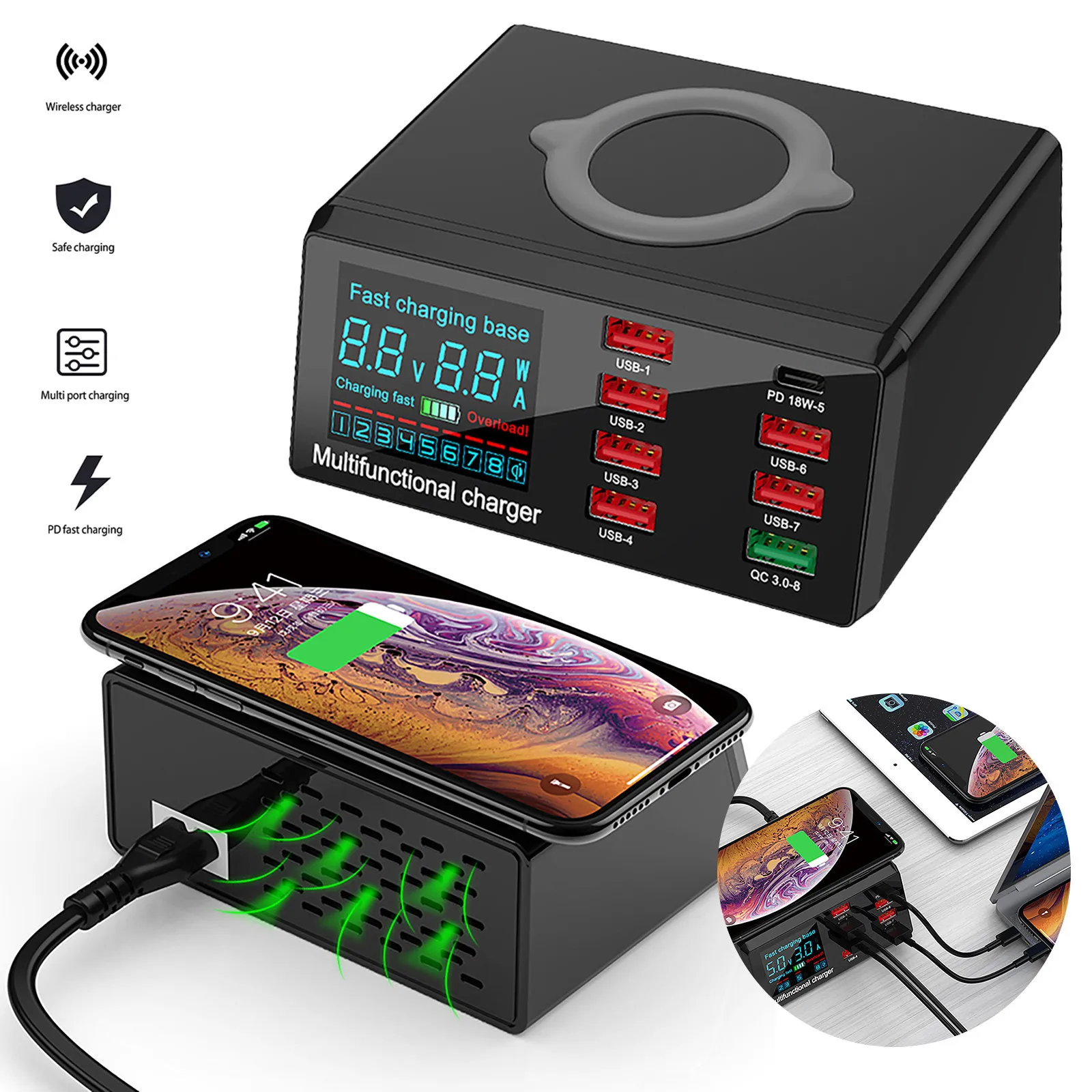 AU/OU/UK/US PD 8Ports USB Fast Charging Charger LED Color Display Wireless Quick Charge 3.0 Adapter Phone Wireless Charger
AU/OU/UK/US PD 8Ports USB Fast Charging Charger LED Color Display Wireless Quick Charge 3.0 Adapter Phone Wireless Charger