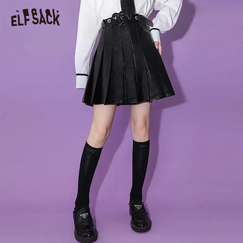

ELFSACK Women Black Solid Pure High Waist Mini Skirt 2021 Winter Vintage Korean Ladies Multi-Layered Daily Preppy Pleated Bottom