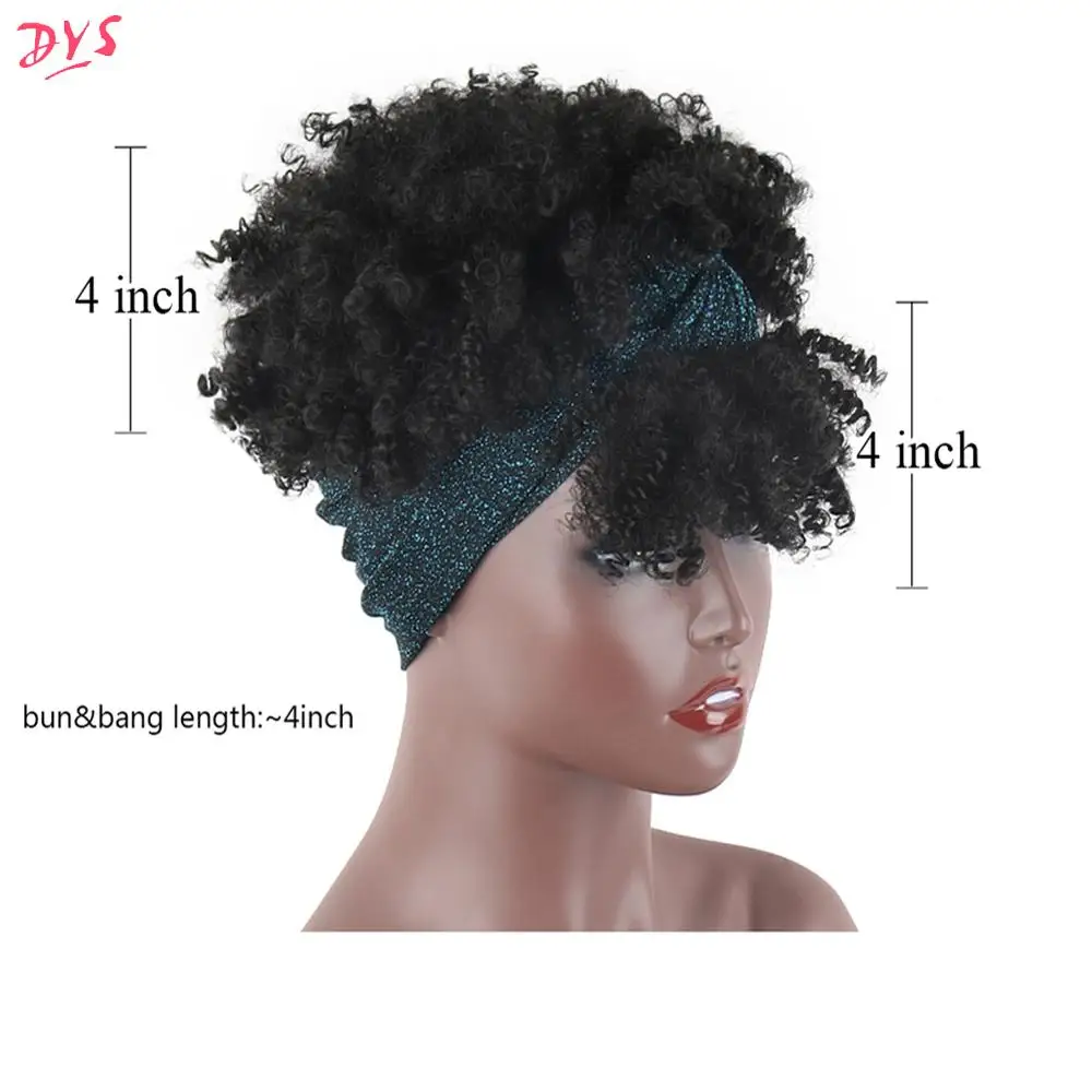 Deyngs Synthetic Wig Short Kinky Curly Turban Wrap-wig 2 in 1 Afro Puff Hairband Bun with Bangs Drawstring Headwrap With | Шиньоны и
