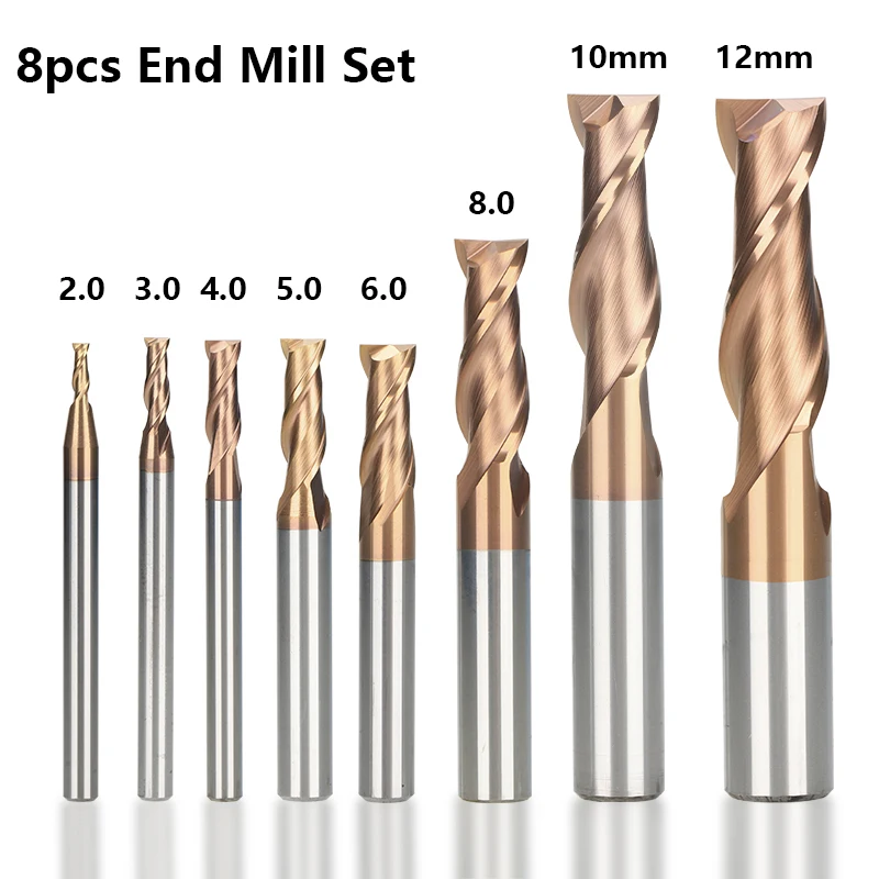 8pcs Flat Spiral End Mills 2 Flutes 2-12mm TiCN Coated Milling Cutter Tools HRC55 CNC Router Bit Tungsten Carbide Machine Tools
8pcs Flat Spiral End Mills 2 Flutes 2-12mm TiCN Coated Milling Cutter Tools HRC55 CNC Router Bit Tungsten Carbide Machine Tools