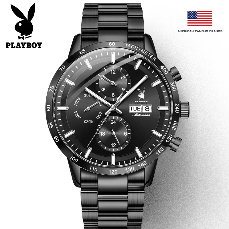 Swiss brand Playboy men's watch waterproof automatic mechanical watch multi function sports timing black steel watch relojes
Swiss brand Playboy men's watch waterproof automatic mechanical watch multi function sports timing black steel watch relojes